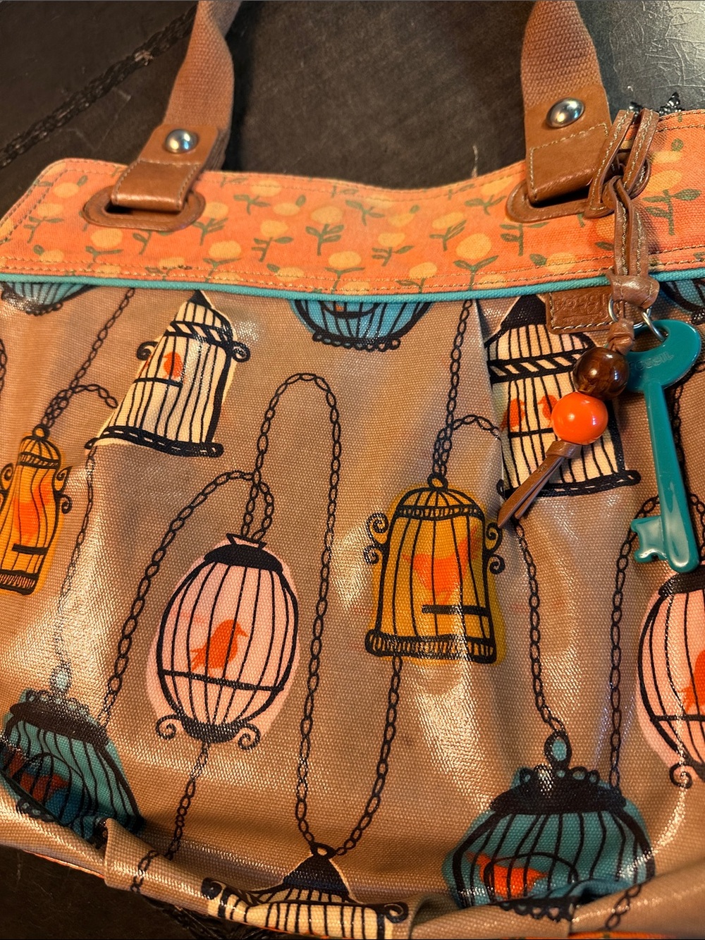 Fossil Printed Birdcage Bag in Tan and Orange - Picture 4 of 14